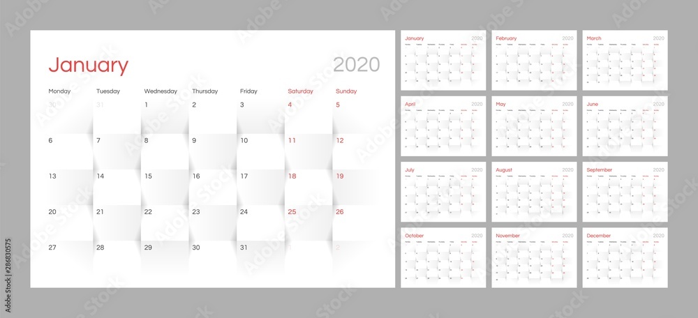 Wall calendar for 2020 year in clean minimal style. Week Starts on Monday. Set of 12 Months.