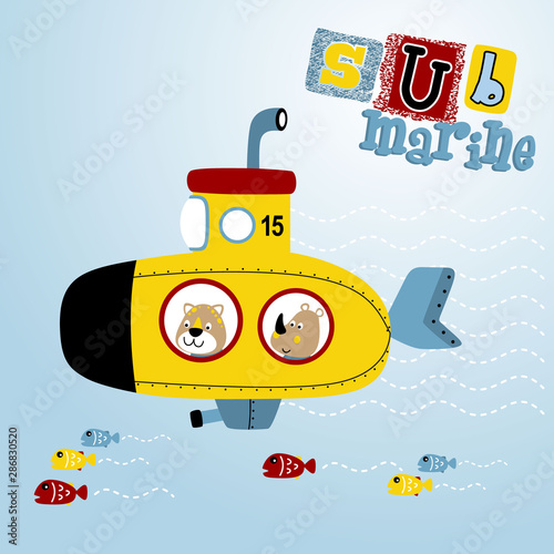 cute animals on yellow submarine in underwater vacation, vector cartoon illustration