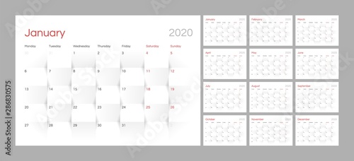 Wall calendar for 2020 year in clean minimal style. Week Starts on Monday. Set of 12 Months.