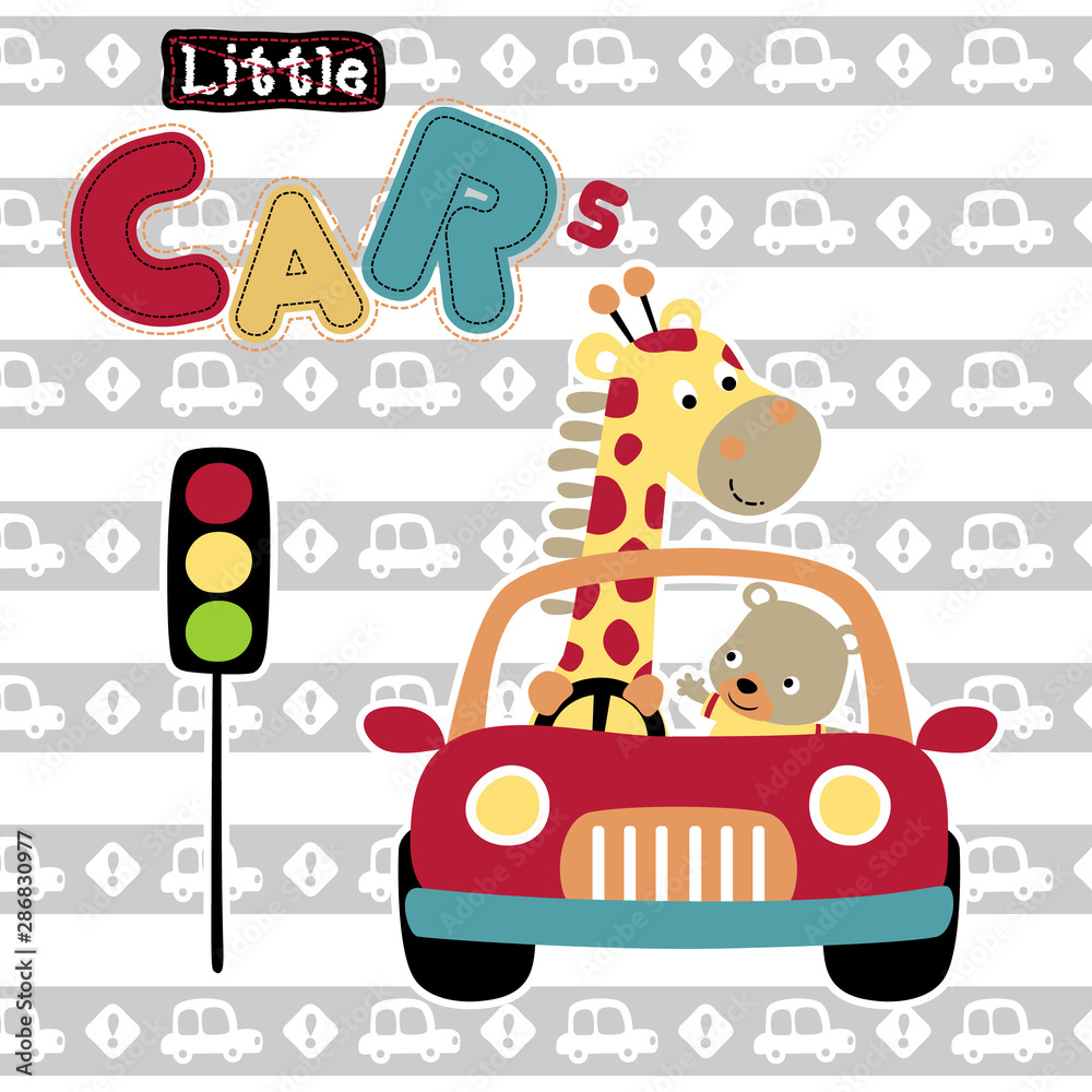 Fototapeta premium cute animals drive a car on striped vehicles background pattern, vector cartoon illustration