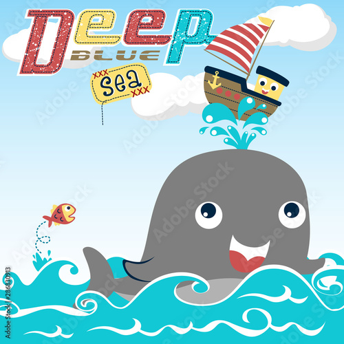 whale and little fish playing with sailboat, vector cartoon illustration