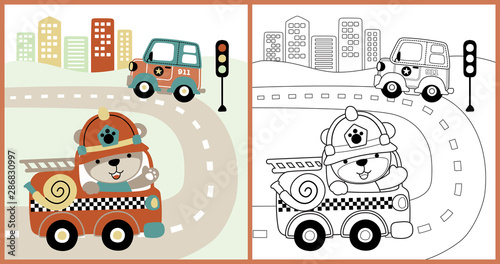 vector cartoon of rescue team with cute fireman, coloring book or page