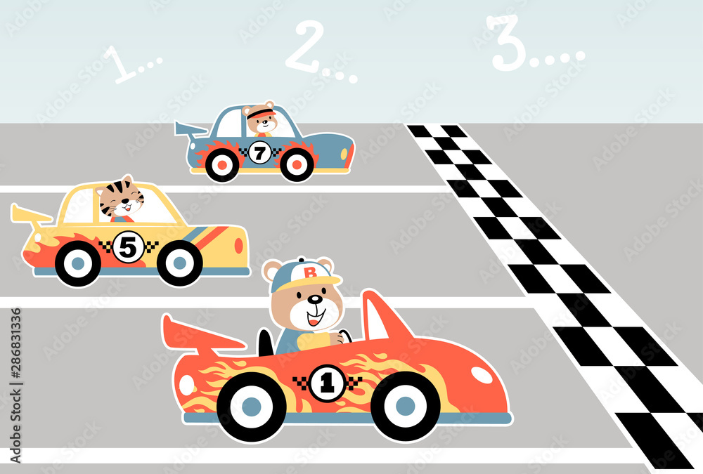 Fototapeta cars race with funny racer, vector cartoon illustration