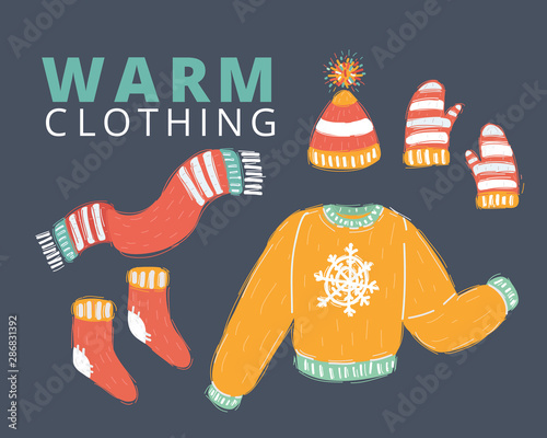 Knitted woolen, winter clothes and accessories