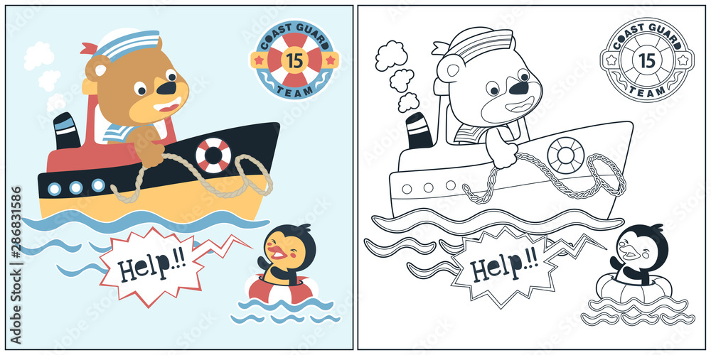 vector cartoon of bear the lifeguard on the boat save a little penguin, coloring book or page