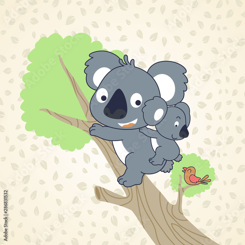koala family cartoon climbing  tree on leaves background pattern