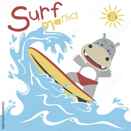 surfing time with cute hippo at summer, vector cartoon illustration