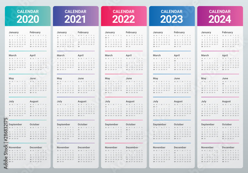 Year 2020 2021 2022 2023 2024 calendar vector design template