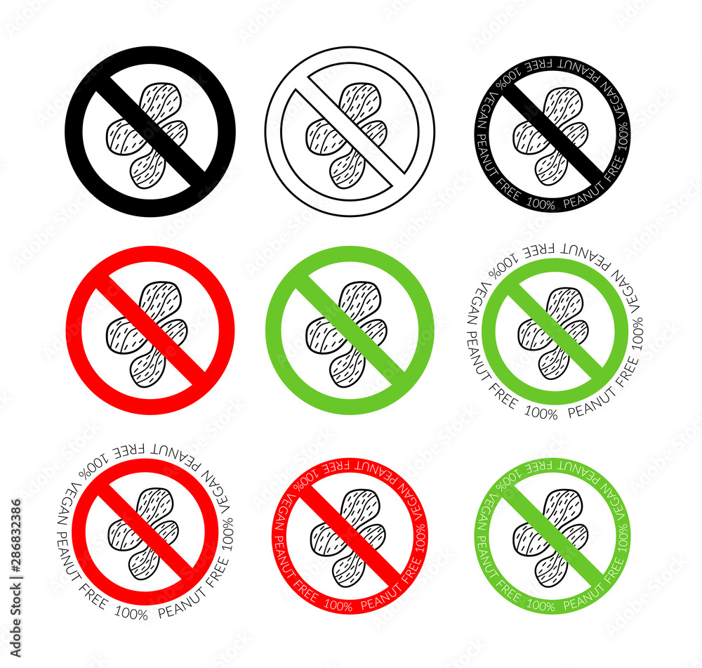 Set of no peanuts signs, allergy free warning badges. Black, red and green isolated vector illustration Set of no peanuts signs, allergy free warning badges. Black, red and green isolated vector illustration