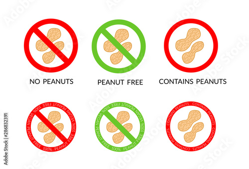 Set of six allergy free stickers, no peanuts warning signs. Red and green isolated vector illustration. Usable for product packaging, posters, banners