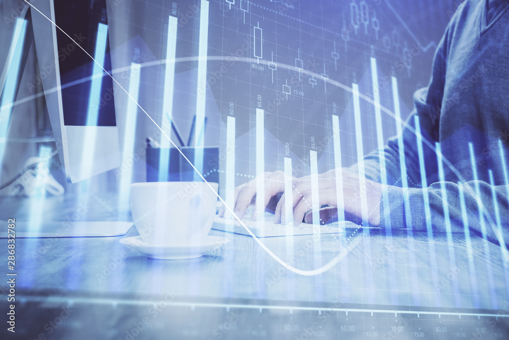 Double exposure of financial graph with man works in office on background. Concept of analysis. Double exposure of financial graph with man works in office on background. Concept of analysis.