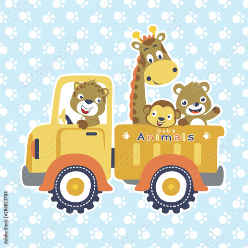 funny animals on truck  giraffe  cat  monkey  bear. Vector cartoon illustration