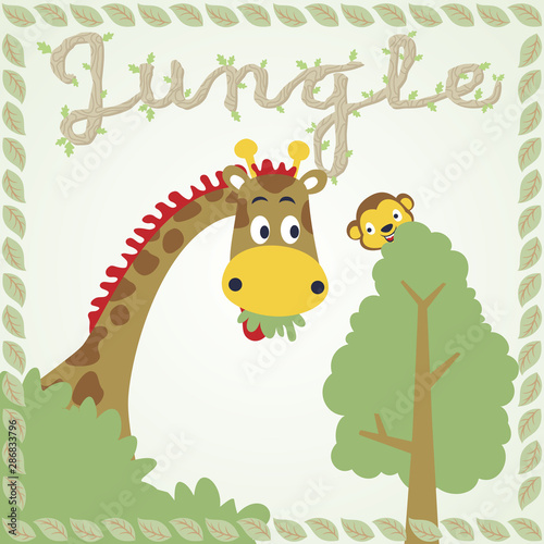 Giraffe with monkey in jungle on leaves frame  vector cartoon illustration
