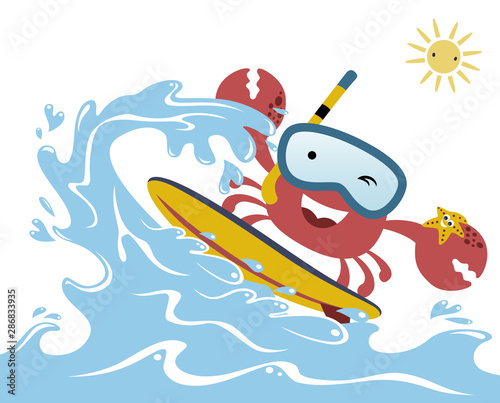 Crab funny surfer, vector cartoon illustration