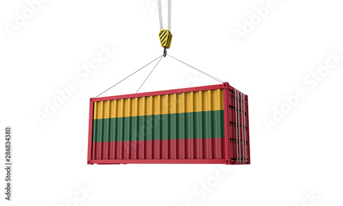 Lithuania flag cargo trade container hanging from a crane. 3D Render