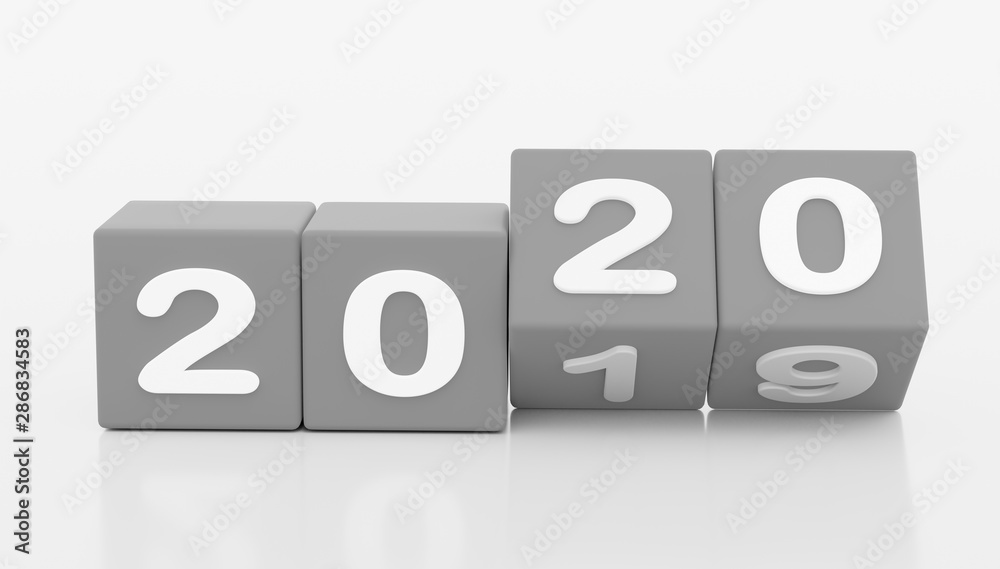 2020 New year change, turn. 2020 start 2019 end, dice isolated against white background. 3d illustration 2020 New year change, turn. 2020 start 2019 end, dice isolated against white background. 3d illustration