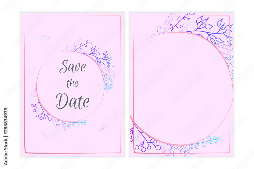 Floral invitation simple vector design, holographic colored doodle leaves, rose gold design simple design.