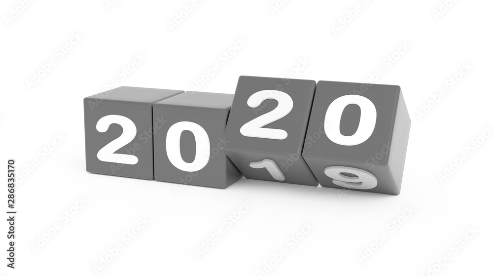 2020 New year change, turn. 2020 start 2019 end, dice isolated against white background. 3d illustration 2020 New year change, turn. 2020 start 2019 end, dice isolated against white background. 3d illustration