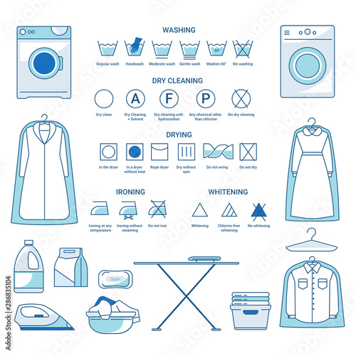 Dry cleaning and washing, ironing and drying or whitening, laundry icons
