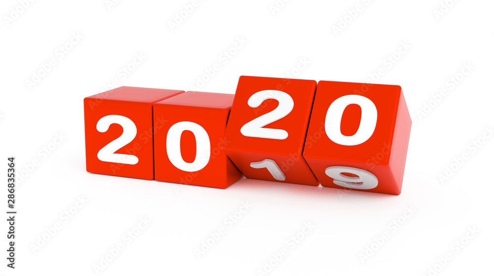 2020 New year change, turn. 2020 start 2019 end, dice isolated against white background. 3d illustration 2020 New year change, turn. 2020 start 2019 end, dice isolated against white background. 3d illustration
