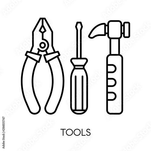 Tools, pliers and hammer, screwdriver isolated outline icon
