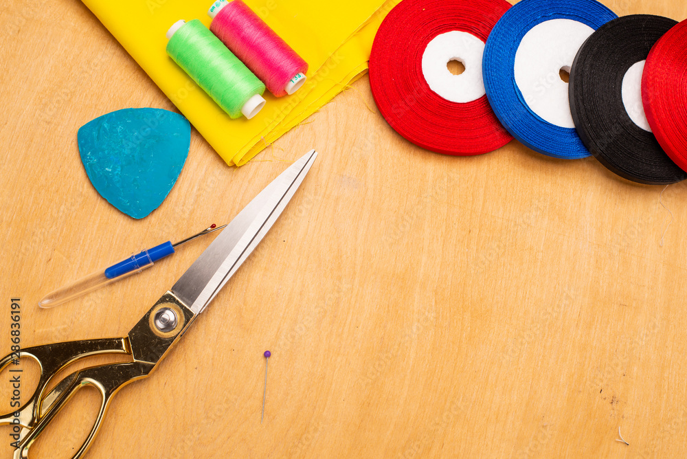 set of tools on wooden background