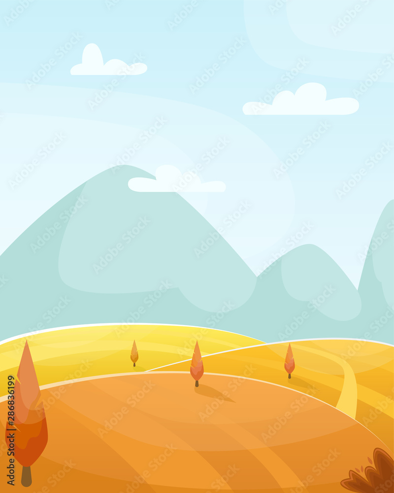 Flat autumn vector cartoon landscape. Fields with trees and mountains in the background.