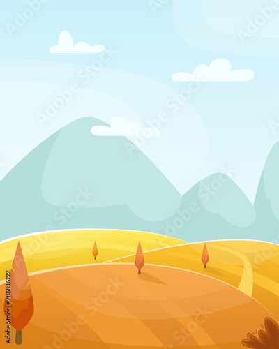 Flat autumn vector cartoon landscape. Fields with trees and mountains in the background.