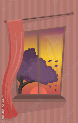 Atmospheric window with a curtain. Cozy view on the sunset and tree.