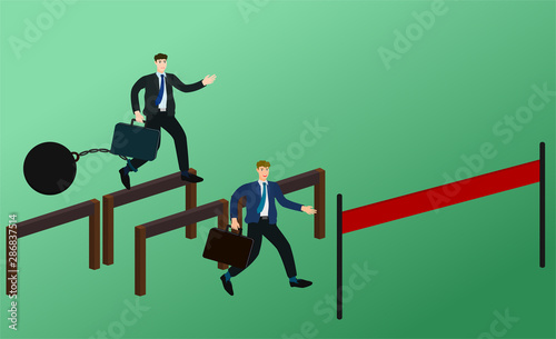 Two businessman race running and jump obstacle to finish line with unfair concept