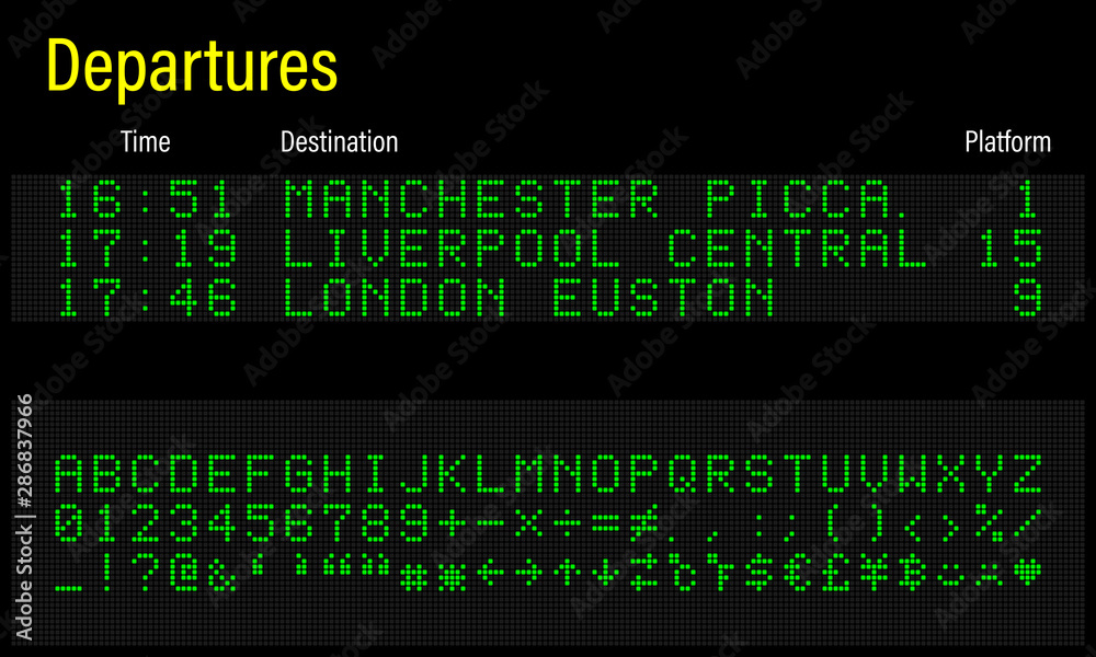 LED electronics digital font, letters, numbers and symbols vector illustration for airport panel, train information and sport scoreboard - green font