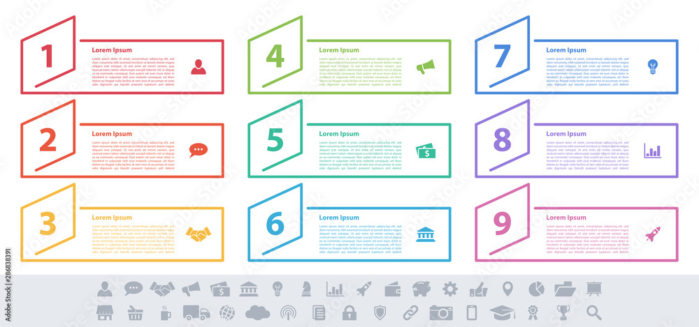 Infographic design business concept vector illustration with 9 steps or options or processes represent work flow or diagram or web button banner