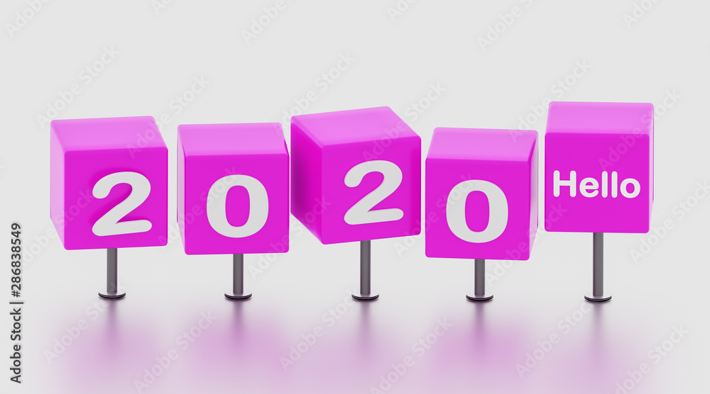 2020 new year colored cube with pedestall on isolated white background. 3d illustration 2020 new year colored cube with pedestall on isolated white background. 3d illustration