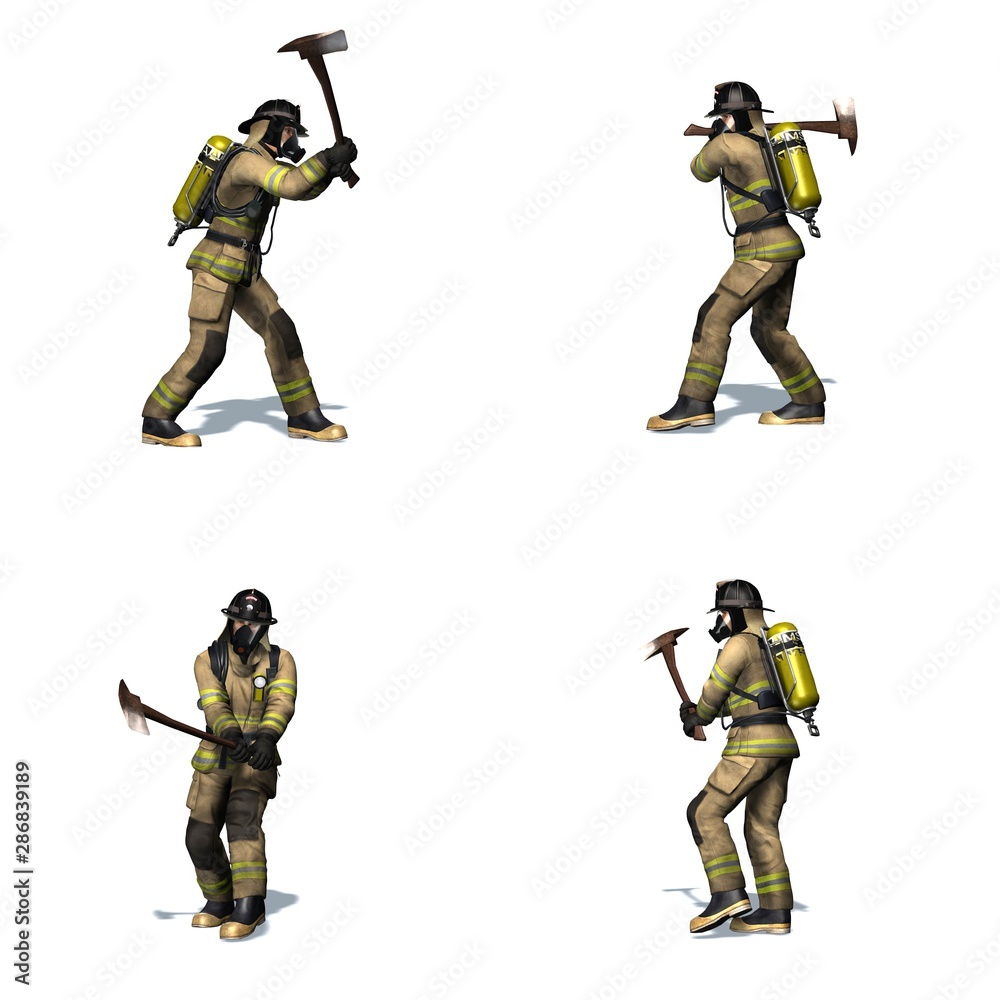 Set of Fire fighter breaks door with axe - different views - isolated on white background - 3D illustration