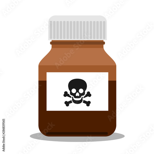 Bottle, jar and container for madicine has warning label - danger of overdosage by drug, medicine, pill and poisonous poison. Vector illustration