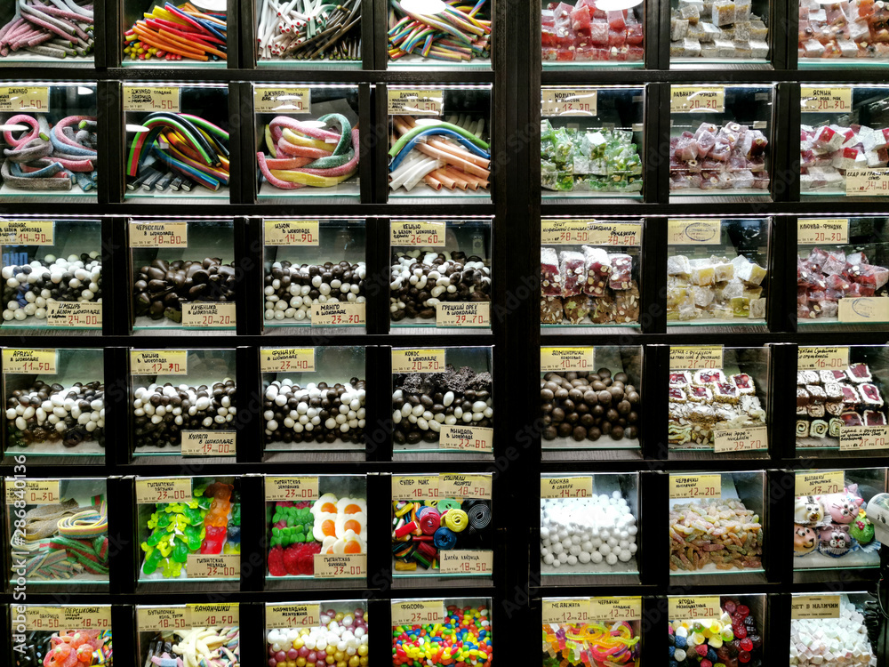 showcase with candies in the candy store