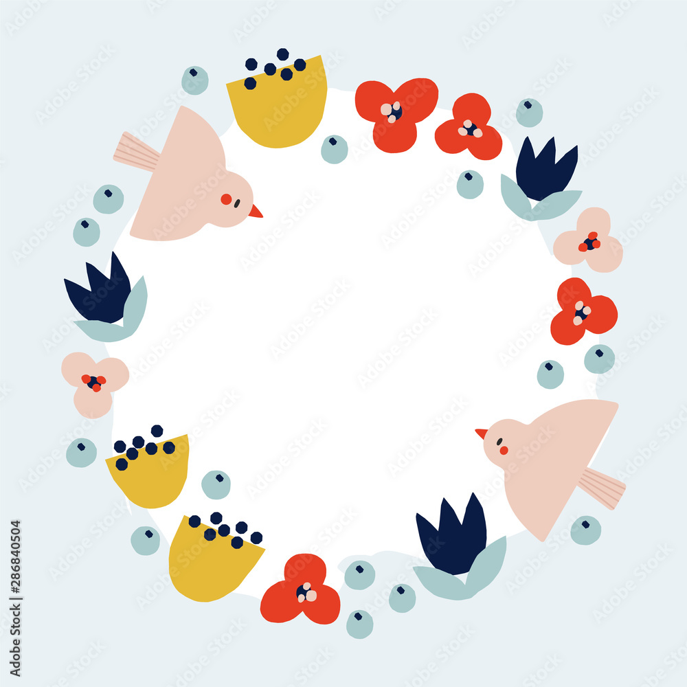Beautiful Floral wreath with birds. Vector decorative round frame with stylized flowers and two birds. Decoration in naive scandinavian style.