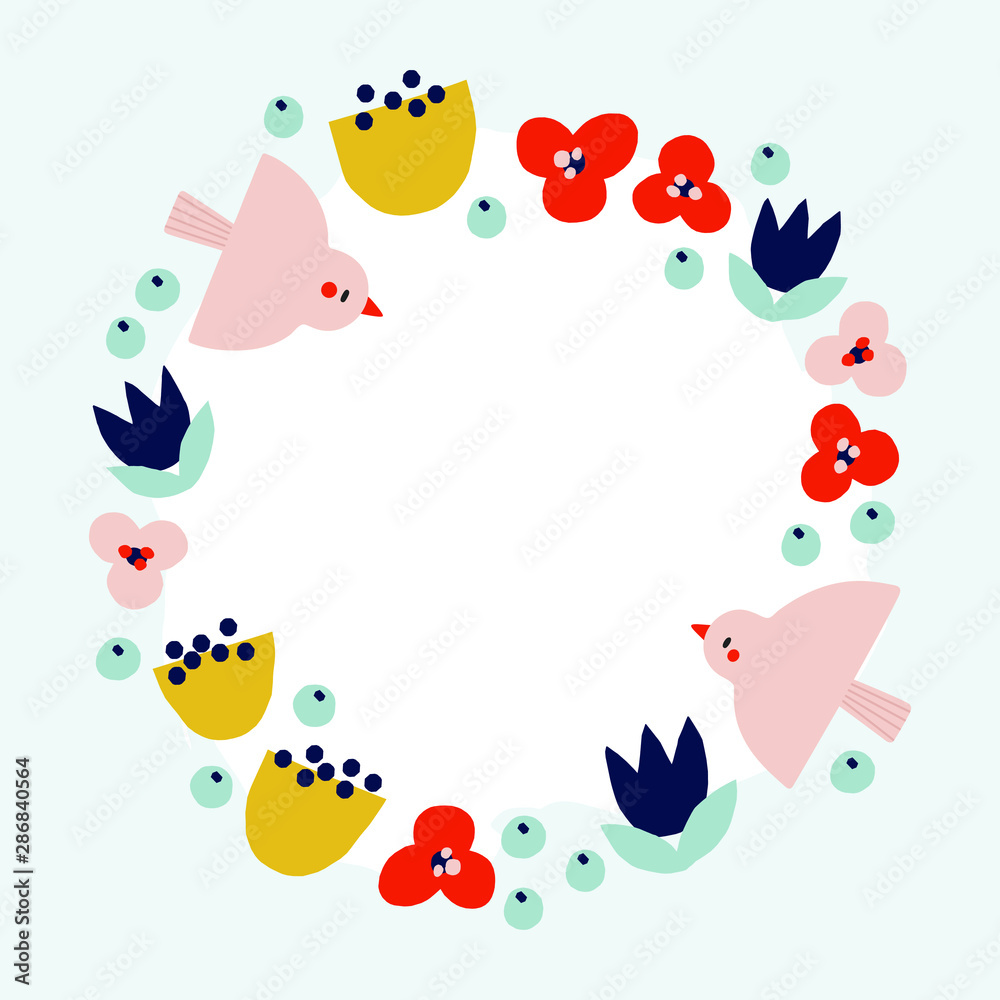 Beautiful Floral wreath with birds. Vector decorative round frame with stylized flowers and two birds. Decoration in naive scandinavian style. Beautiful Floral wreath with birds. Vector decorative round frame with stylized flowers and two birds. Decoration in naive scandinavian style.