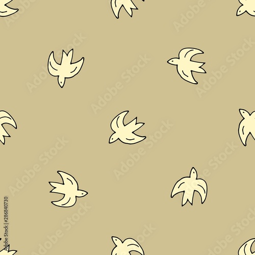 Cute shabby seamless mustard background with birds pattern . Seamless design