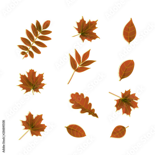 Autumn watercolor style leaves with gold decor collection. 