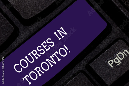 Conceptual hand writing showing Courses In Toronto. Business photo showcasing direction or routes between near or far places in Canda Keyboard key Intention to create computer message idea