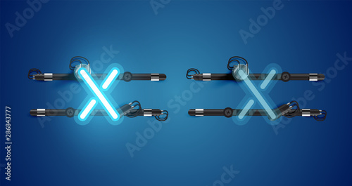Realistic glowing blue neon charcter on and off