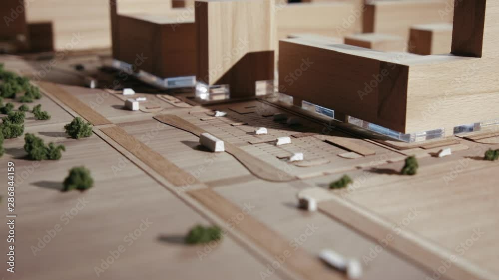 Constructor in the Form of a Green Area With Shrubs, Pond and Parking. Miniature Residential Quarter with Detailed Planning from Wood Objects. The Concept of a Healthy Lifestyle for Residents in Town