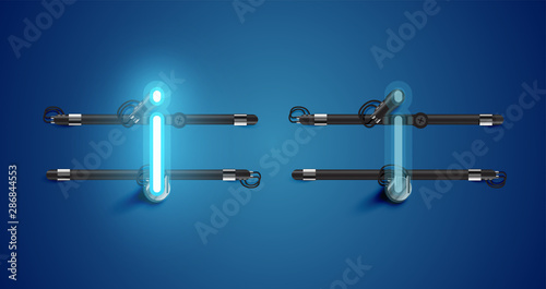 Realistic glowing blue neon charcter on and off