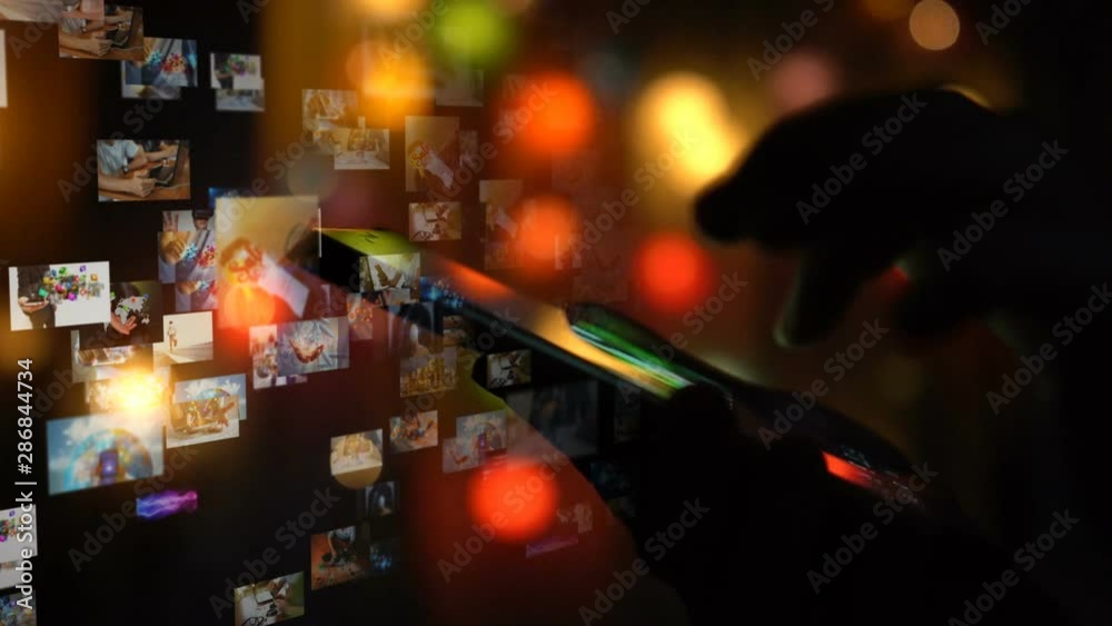 Hand touch screen smartphone, social media interface on screen, connect to the future concept	
