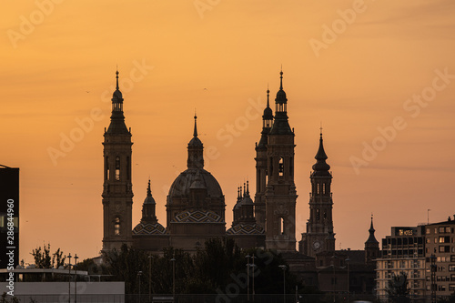 Basilica of the Virgen del Pilar in Zaragoza Spain at sunrise