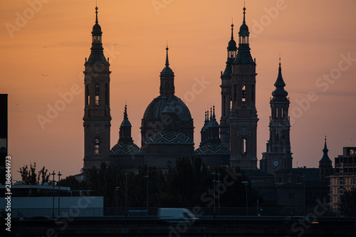 Basilica of the Virgen del Pilar in Zaragoza Spain at sunrise