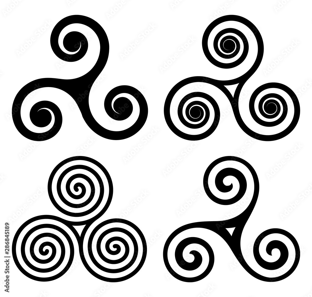 Obraz premium Black Irish, breton and scottish traditonal symbols, celtic triskels vector set. Triple spirals isolated on white background