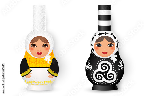 Two cute matryoshka - russian traditional dolls in breton bigouden style, vector illustration isolated on white background
