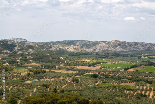 Panoramic view on Luberon valley from the famous Les Baux de Provence medieval village in Southern France